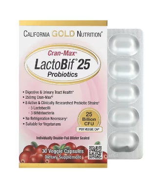 Kaliforniya oltin oziqlantiruvchi probiyotiklari, Lactobif, Cran-Max, 25 milliard CFU, 30 sabzavotli kapsulalar Пробиотики California Gold Nutrition, Lactobif, Cran-Max, 25 млрд КОЕ, 30 растительных капсул:uz:Kaliforniya oltin oziqlantiruvchi probiyotiklari, Lactobif, Cran-Max, 25 milliard CFU, 30 sabzavotli kapsulalar