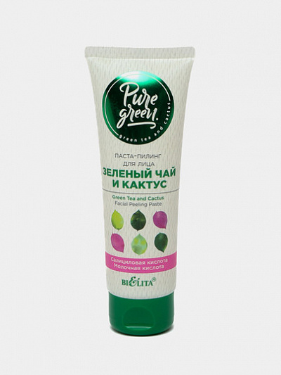 Паста–пилинг для лица Bielita Pure Green, зеленый чай и кактус, 75 мл