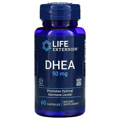 Life Extension, DHEA, 50 мг, 60 капсул:uz:Hayotni uzaytirish, DHEA, 50 mg, 60 kapsula