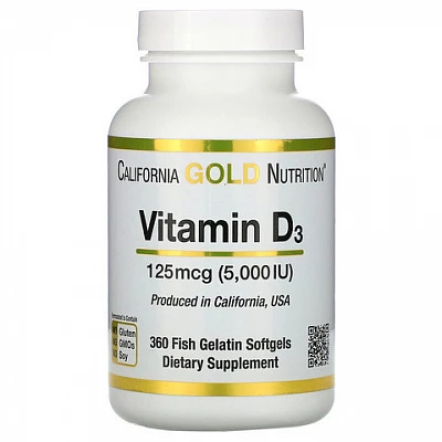 Витамин D3 California Gold Nutrition, 125 мкг (5000 МЕ), 360 рыбно-желатиновых капсул:uz:California Gold Nutrition Vitamin D3, 125 mkg (5000 IU), 360 Baliq geli qopqoqlari