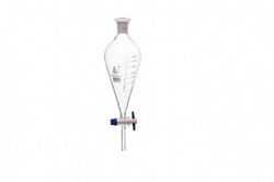 500 ml bo'linadigan huni, borosilikat shisha, nok shaklidagi, 24/32 zımpara bilan, plastik tiqin va PTFE musluğu b