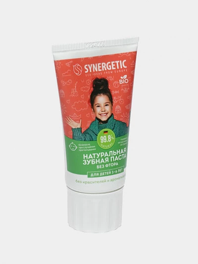 Детская зубная паста Synergetic Клубничка и банан, от 3 до 6 лет красная, 50гр