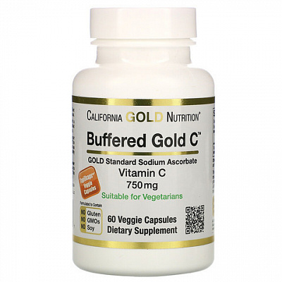 Буферизованный витамин C в капсулах, California Gold Nutrition, 750 мг, 60 растительных капсул:uz:Buferlangan vitamin C qopqoqlari, Kaliforniya oltin oziqlanishi, 750 mg, 60 sabzavotli kapsulalar